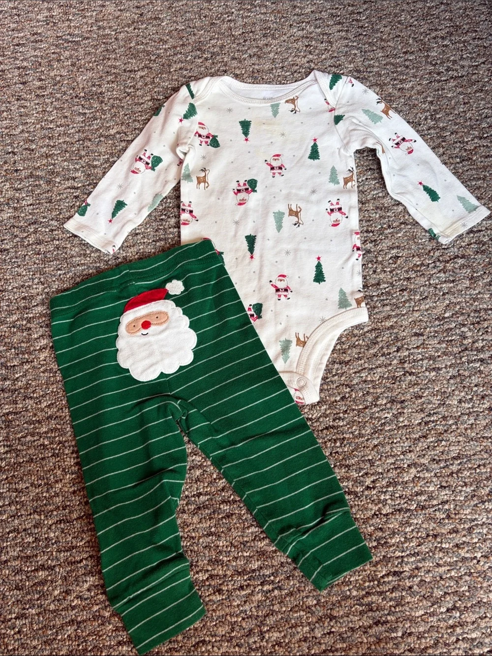 Holiday Santa Print Cream Bodysuit & Green Stripe Pants Pajama Set